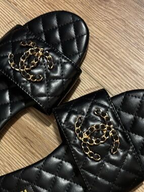 CC Black Quilted Leather Slides with Gold Detail